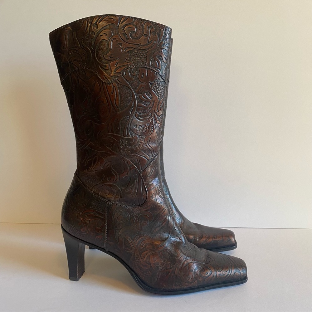 Antonio Melani 6.5 Colby Brown Embossed Tooled Heeled Boots Square Point Toe.